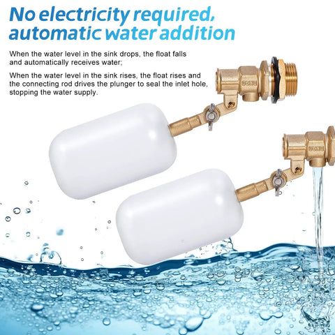 Solid Two Pack Of 3/4 Inch Brass Float Valve With Auto Fill Mechanism For Pool And Pond Water Level Control Featuring Heavy Duty Adjustable Arm And Badass Durability That Goes Hard Without Rusting in use, showing float and valve mechanism.