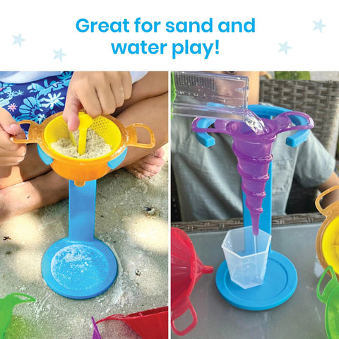Starter Science Funnels Set For Kids Hands On Science Lab Equipment Sand Sifter And Water Table Toys in use, outdoor play.
