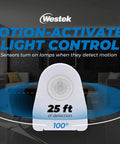 Indoor Plug In Motion Activated Light Controller Switch with 25 ft detection, 100-degree coverage in living room setting.