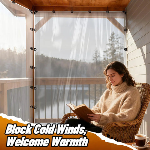 6.6x10ft Anti-Tear Heavy-Duty Clear Tarp Waterproof For Patio Winterizing covering porch with grommets visible in use
