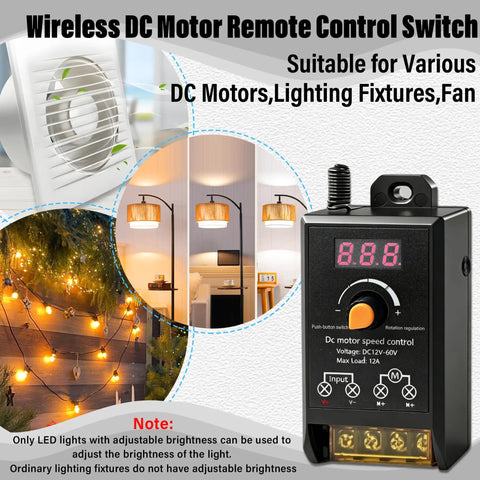 Universal Motor Speed Controller For 12V To 60V Systems With 12A Max Includes 2 Remote Controls DIY Ready Perfect For Motors LEDs And Fans 433MHz Wireless RF Switch Compact 100x50x36mm Receiver For Tight Spaces, black receiver front view