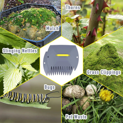 Image showing Leaf Scoops Hand Rake Set 2 Pack against different garden debris like thorns, nettles, and grass clippings.