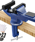 Heavy Duty Table Vise With 360 Degree Swivel Top And Built In Anvil, 3.1 Inch Jaw Opening clamped onto wooden board.