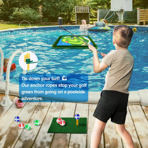 Child playing with Floating Golf Green For Pool 35 By 24 Inch Chipping Practice Mat in backyard, poolside fun mode