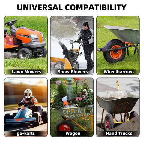 Collage showcasing compatibility of Heavy Duty Inner Tube 4.80/4.00-8 for wheelbarrows, mowers, go-karts, wagons, hand trucks