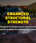 Enhanced structural strength text on off-road terrain with a vehicle background, highlighting durability for severe impacts.