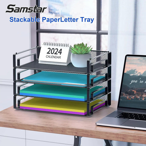 4 Pack Stackable Letter Paper Trays Desk File Organizer Mesh Paper Sorter with non-slip feet holding colorful folders on desk