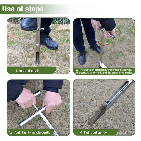 Step-by-step use of the 40 Inch Stainless Steel Soil Sampler Probe With Ejector Foot Pedal And Reusable Sample Bag For Lawn Garden Farm.