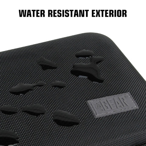 Close-up of rugged 7.5 inch camera field monitor hard shell case showing water-resistant exterior surface with brand logo.