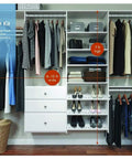 Rock Solid Dual Tower Closet Organizer Kit With Weathered Grey Finish And Slick Wall Mounted Steel Rail System Featuring Game Changing Drawers For Effortless Home Organization And No Fuss Assembly in a bright, organized closet.