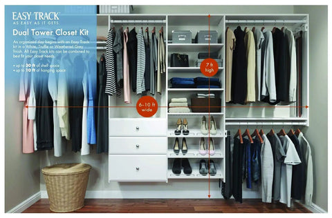 Rock Solid Dual Tower Closet Organizer Kit With Weathered Grey Finish And Slick Wall Mounted Steel Rail System Featuring Game Changing Drawers For Effortless Home Organization And No Fuss Assembly in a bright, organized closet.