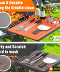 Image showing Premium Silicone Grill Mat Sixteen By Eleven Point Five Inches For Griddle Grillin Spatula Mat with utensils organized.