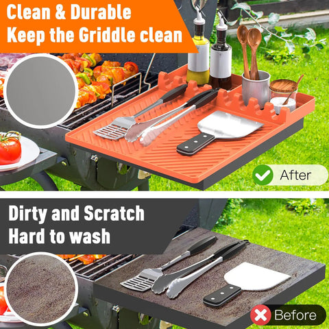 Image showing Premium Silicone Grill Mat Sixteen By Eleven Point Five Inches For Griddle Grillin Spatula Mat with utensils organized.