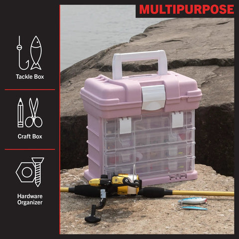 Pink Portable Tool Box With Four Removable Drawers And Customizable Compartments For Hardware Fishing Tackle Beads Or Crafts Lightweight And Travel Friendly For Easy Grab And Go Organization on a rock near a fishing rod.
