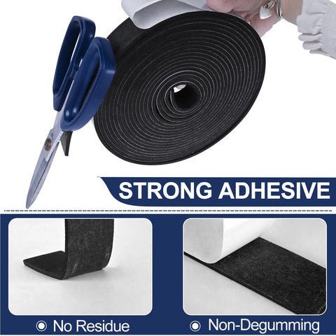 Black self-adhesive foam weatherstripping tape roll with blue scissors cutting it.