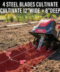 Beast Corded Electric Tiller With 12 Inch Cutting Width And 8 Inch Till Depth, demo in soil highlighting blade width