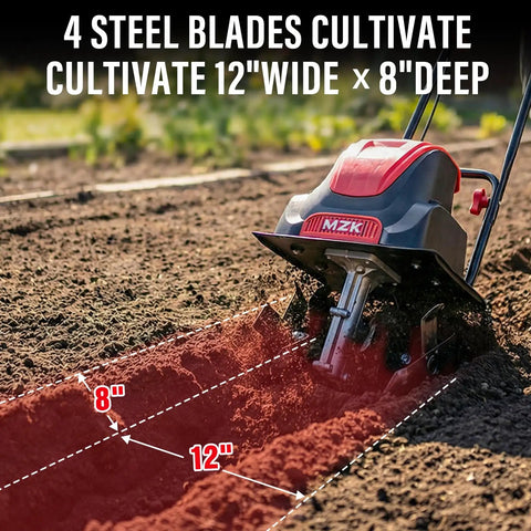 Beast Corded Electric Tiller With 12 Inch Cutting Width And 8 Inch Till Depth, demo in soil highlighting blade width