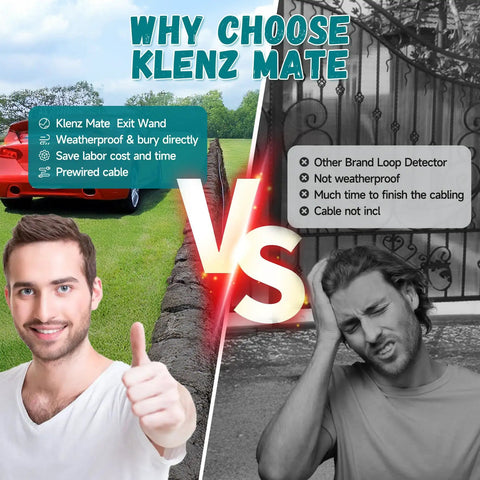 Comparison between Klenz Mate Exit Wand and other loop detectors for gate systems, highlighting ease and weatherproof features.