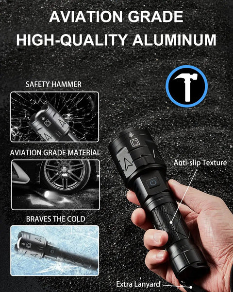 Rechargeable High Lumen Flashlight With 100000 Lumens, tactical beam, aviation-grade aluminum body showcasing anti-slip texture.