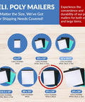 Large White Poly Mailers 19x24 Inches 250 Count Self Sealing Shipping Bags featured in size comparison with other mailers