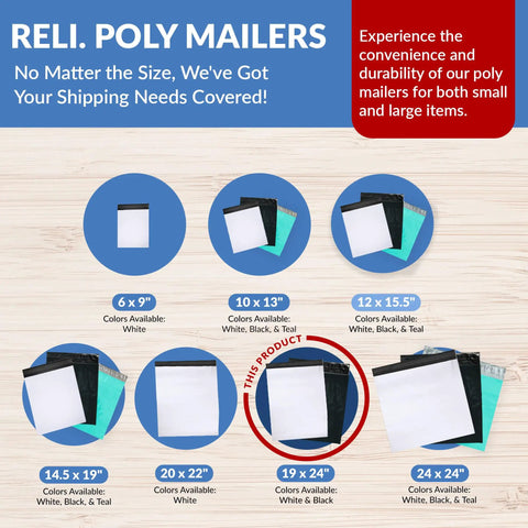 Large White Poly Mailers 19x24 Inches 250 Count Self Sealing Shipping Bags featured in size comparison with other mailers