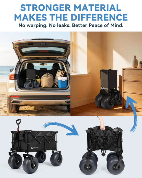 Beach Wagon With 12 Inch Balloon Wheels And Upgraded PU Tires, Collapsible 500Lb Capacity Sand Cart For Family Outings