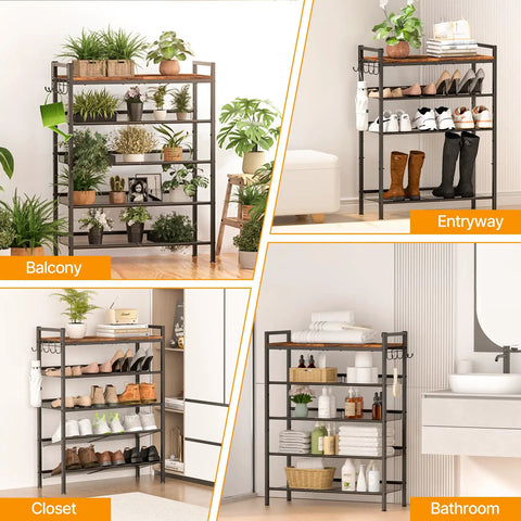 Five Tier Shoe Rack With Hooks, Adjustable Mesh Shelves, Metal Storage Organizer in balcony, entryway, closet, and bathroom