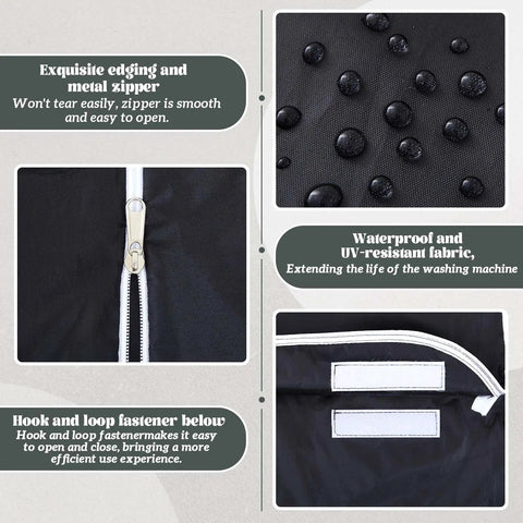 Close-up of 2 pack black outdoor washer and dryer covers showing waterproof fabric, zipper, and fastener details.