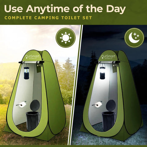 All In One Portable Outdoor Toilet Kit For Camping And RV Travel With Privacy Tent Folding XL Toilet Seat LED Lantern Setup