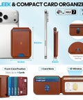 Top Shelf Genuine Leather MagSafe Wallet With Integrated Stand Holds Six Credit Cards Securely Showcased In Smooth Brown Oil Waxed Cowhide, compact design with card slots and ID window.