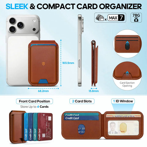 Top Shelf Genuine Leather MagSafe Wallet With Integrated Stand Holds Six Credit Cards Securely Showcased In Smooth Brown Oil Waxed Cowhide, compact design with card slots and ID window.