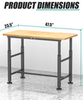 Image of an adjustable height workbench for garage and workshop with 0.8 inch solid rubberwood top, heavy duty build, alloy steel legs.