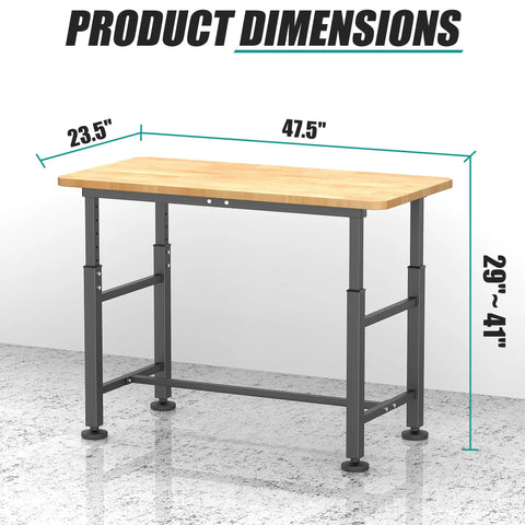 Image of an adjustable height workbench for garage and workshop with 0.8 inch solid rubberwood top, heavy duty build, alloy steel legs.