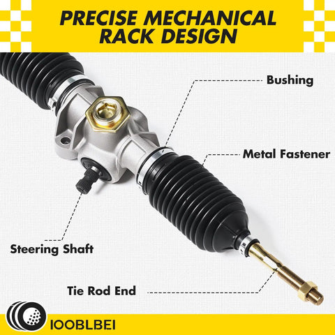 Club Car Precedent Steering Gear Box Assembly Rack Replacement for Precedent Onward Tempo 2004 Up Gas and Electric Golf Carts OEM 102288601 103679701 Direct Fit showing precise mechanical rack design with bushing, tie rod end, and steering shaft details.