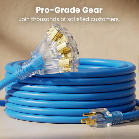 Coiled 100 Ft Outdoor Extension Cord Heavy Duty 3 Prong Power Cable With 10/3 Gauge SJEOW Triple Outlet Lighted End