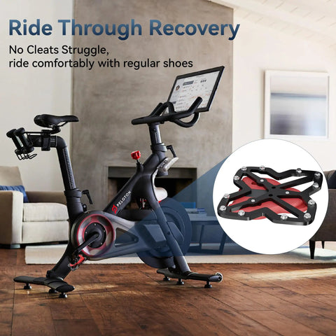 Peloton Pedal Converters For Regular Shoes With No Slip Platform Pedals For Peloton Bike And Bike Plus displayed on stationary bike.