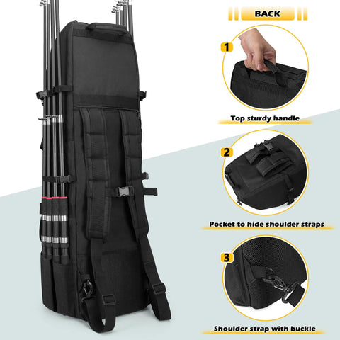 Rugged Fishing Backpack That Holds Eight Rods And Reels Tackle Box Ready Gear Bag With straps and handle features