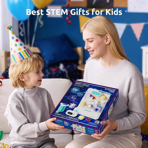 Hands On Circuit Building Kit For Kids With 120 Plus Projects, STEM Toys For Ages 8 To 13, Learn Electronics, Build Real Circuits, Kid Friendly And Absolutely Awesome STEM Activities That Grow With Your Child, boxed with child and woman