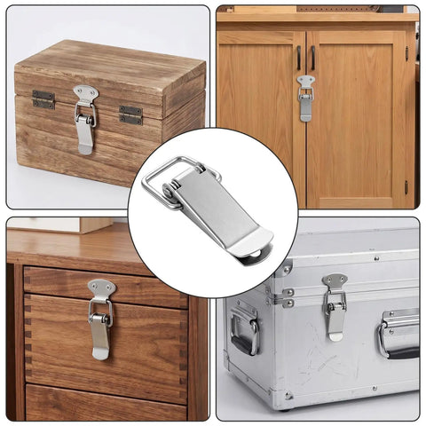 4 Pack Small Spring Loaded Toggle Latch With 20 Screws Stainless Steel Silver Finish Compact Cabinet And Toolbox Latch Set Easy Install Secure Snap Lock For Cabinets Boxes And Toolboxes displayed in various applications