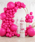 Hot Pink Balloons 154pc Set In 18, 12, 10, And 5 Inch Latex For A Lit Balloon Arch Kit And Garland displayed at party