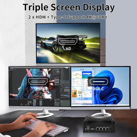 Beefy Fanless Mini Pc Powered By The Snappy Intel Celeron J6413 Chip Coupled With Four Rock Solid 2.5GbE Ports For Seamless Opnsense Routing, Loaded With 32Gb Ram And 512Gb Nvme Storage, Homelab Ready with triple screen display setup