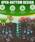 Diagram of 17 Inch Tall Elevated Round Garden Bed In Dark Green, showing open-bottom design and benefits for soil and plants.