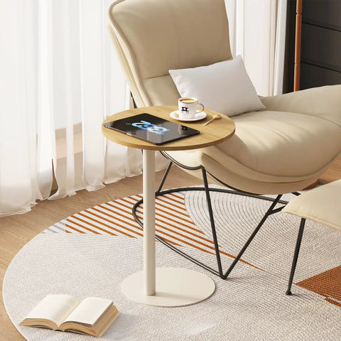 C Shaped Round End Table With Metal Legs For Couch, Snack Sofa Tray Or Laptop Desk, perfect for tiny spaces, rustic oak style