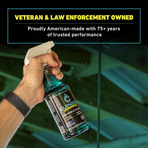 Hand holding Marine Gear Lubricant And Cleaner For Reels, Boat Motors, Downriggers And Tackle, 16 Oz Trigger Spray Saltwater Safe.