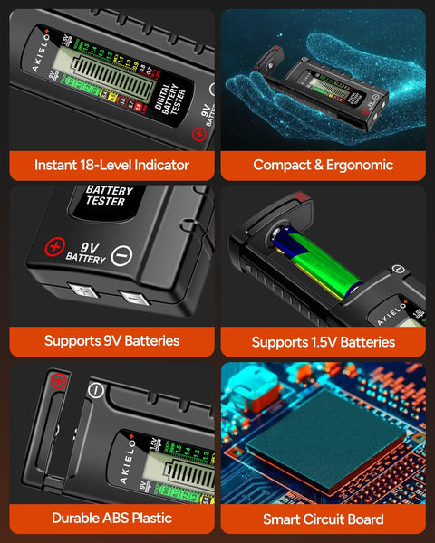 Universal Battery Tester With Clear LCD Readout No Battery Needed For AA AAA C D 9V And Button Cells Quick 18 Level Power Check For Household Devices And Rechargers., black ABS plastic digital tester with LCD meter and 9V battery slot