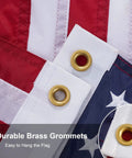 Close-up of American Flag 12 By 18 Inches Embroidered 50 Stars Nylon Outdoor Banner with two brass grommets, detail view.