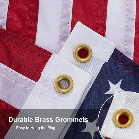 Close-up of American Flag 12 By 18 Inches Embroidered 50 Stars Nylon Outdoor Banner with two brass grommets, detail view.
