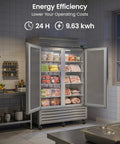 Commercial Reach In Freezer 42 Cubic Foot Upright 54 Inch Wide with two solid doors and heavy-duty shelves filled with food.