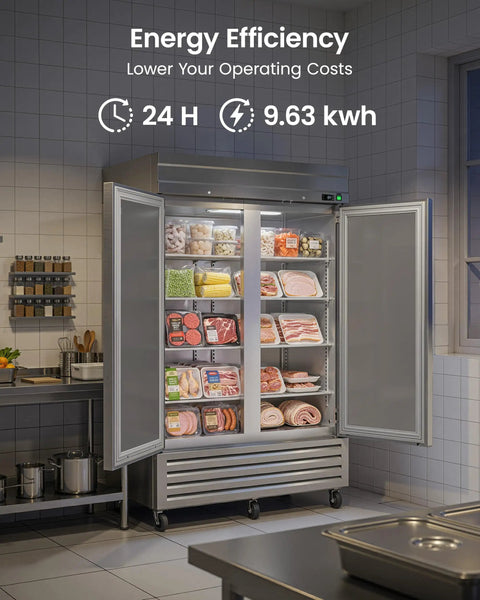 Commercial Reach In Freezer 42 Cubic Foot Upright 54 Inch Wide with two solid doors and heavy-duty shelves filled with food.