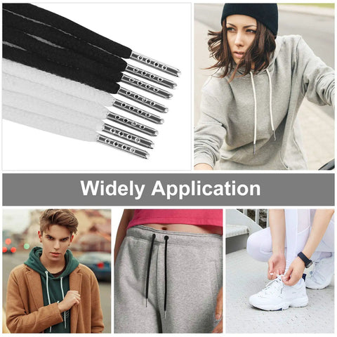 Collage featuring 12 Pack 57 Inch Cotton Drawstrings Kit For Sweatpants Hoodies Shorts Jackets And Coats, Replacement Cords With Easy Threaders And Cord Locks, Multicolor Set Black White Grey Perfect For Quick Repairs And Upgrades in use.
